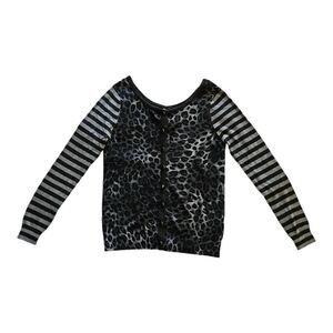 Colour Works Women's Animal Print/Striped Gray Button Down Cardigan Small